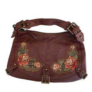Isabella Fiore Brown Leather Shoulder Bag - Rose Tattoo design